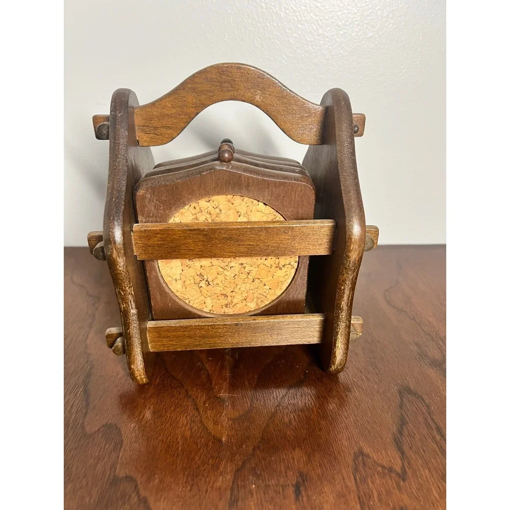 Vintage Wood & Cork Coaster Set: Rustic Home Decor, 5pc with Caddy (1979)